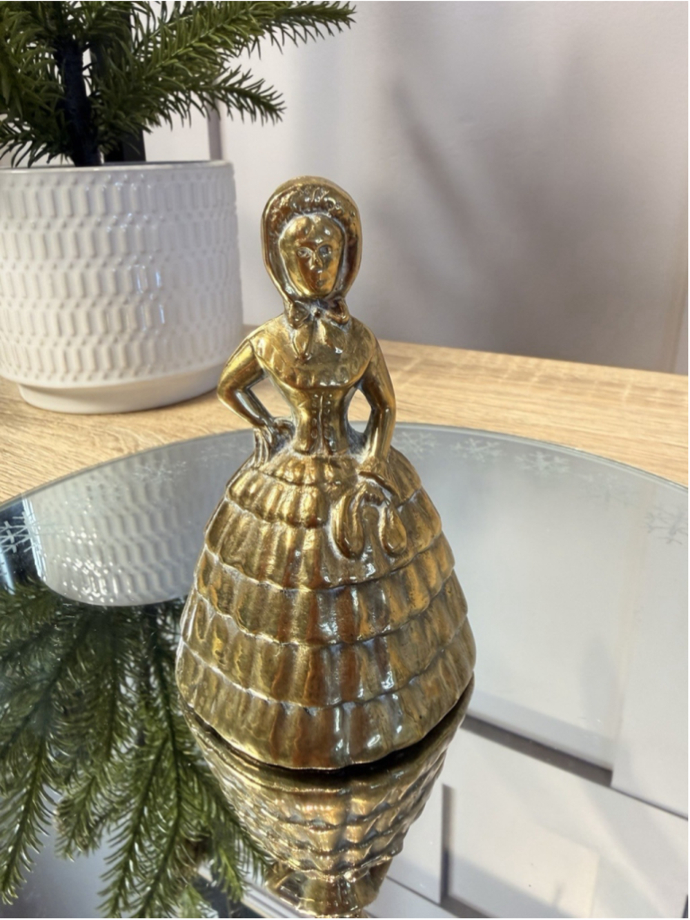 Antique English Brass Lady Bell Woman Bonnet Figural Hand Bell Made in England